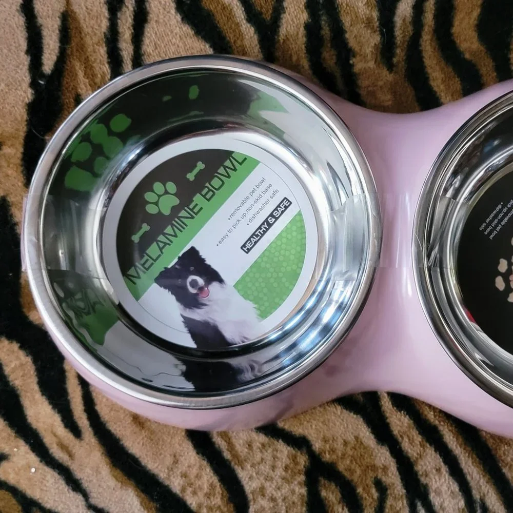 Pet Bowl Set Stainless Dishwasher Safe Pink Dog or Cat size med 14.5 fl oz.